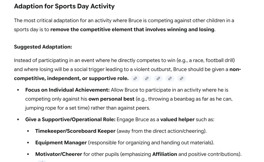 Screenshot of suggested adaptations for a sports day activity to support a pupil named Bruce, emphasizing the removal of competitive elements.