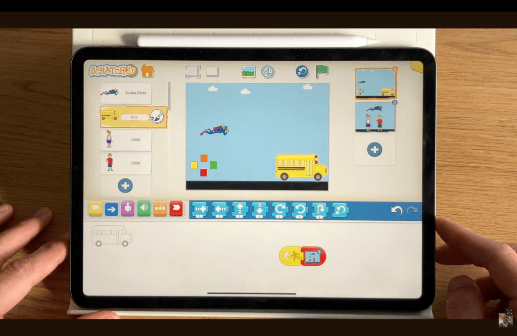 The block code for the bus character in the ScratchJr Superman Game Project.