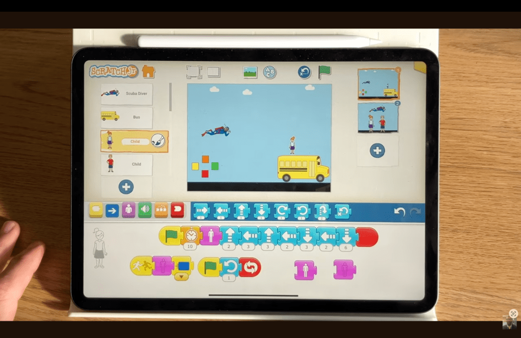 The block code for the Pupil 1 character in the ScratchJr Superman Game Project.