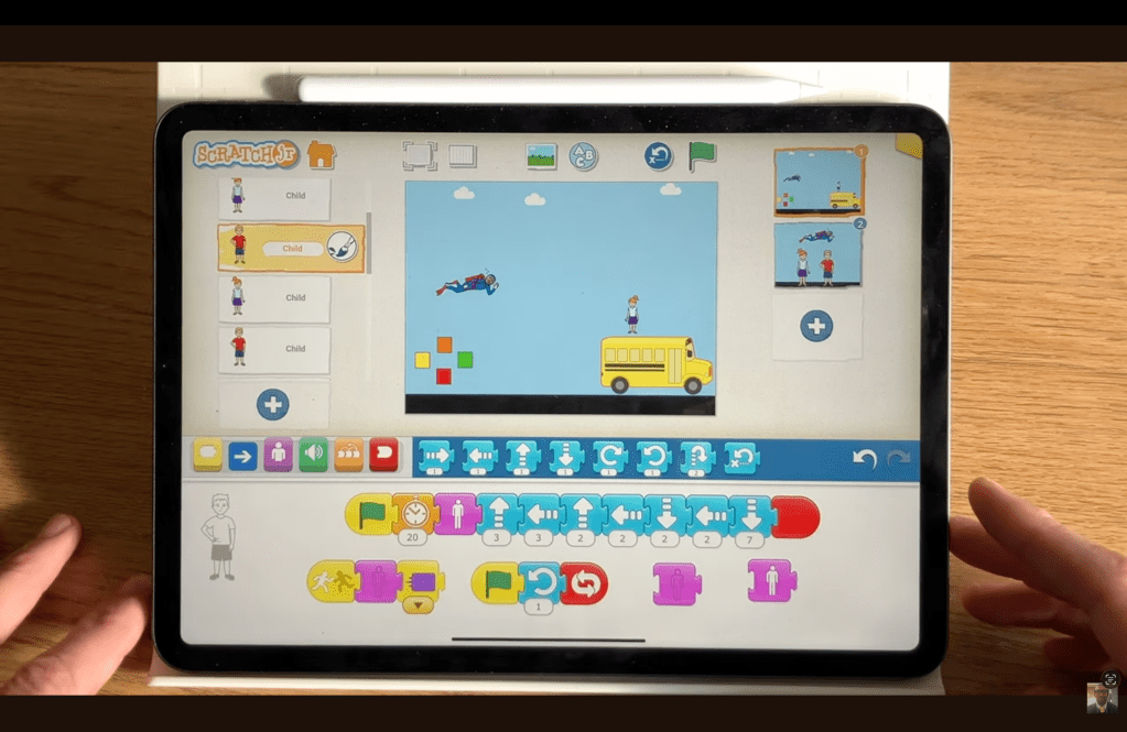 The block code for the Pupil 2 character in the ScratchJr Superman Game Project.