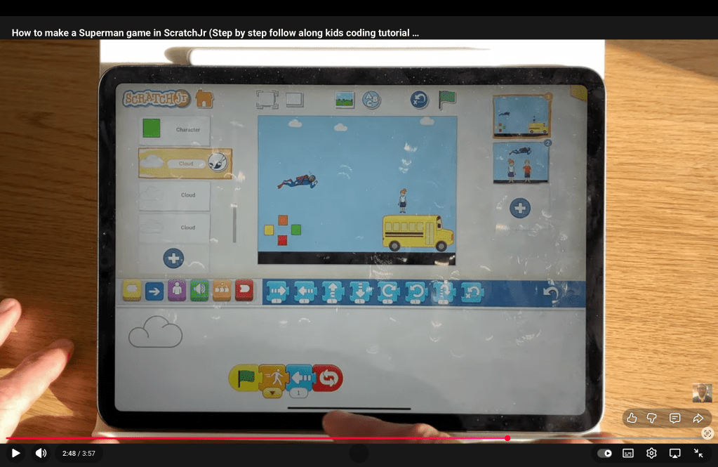 The block code for the cloud character in the ScratchJr Superman Game Project.