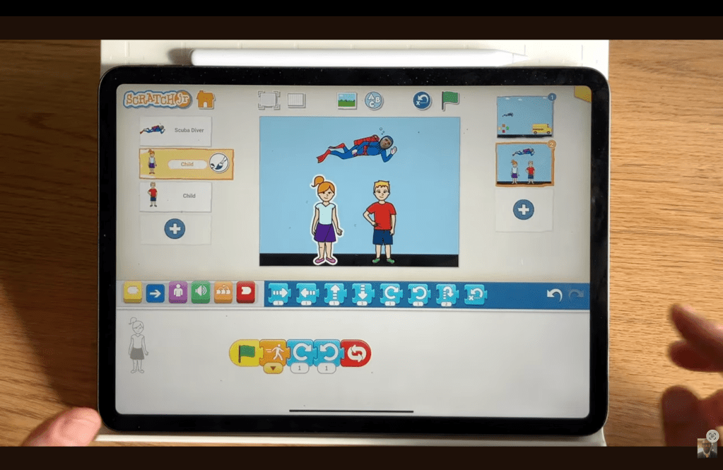 The block code for the Pupil 1 character in scene 2 of the ScratchJr Superman Game Project.